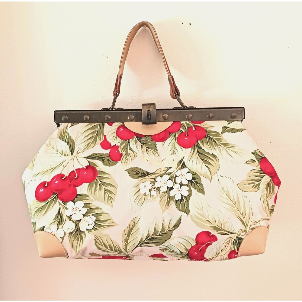 VTG Carol & Jane Cherry Print Fabric Top Frame Bag Leather Strap Made in Italy